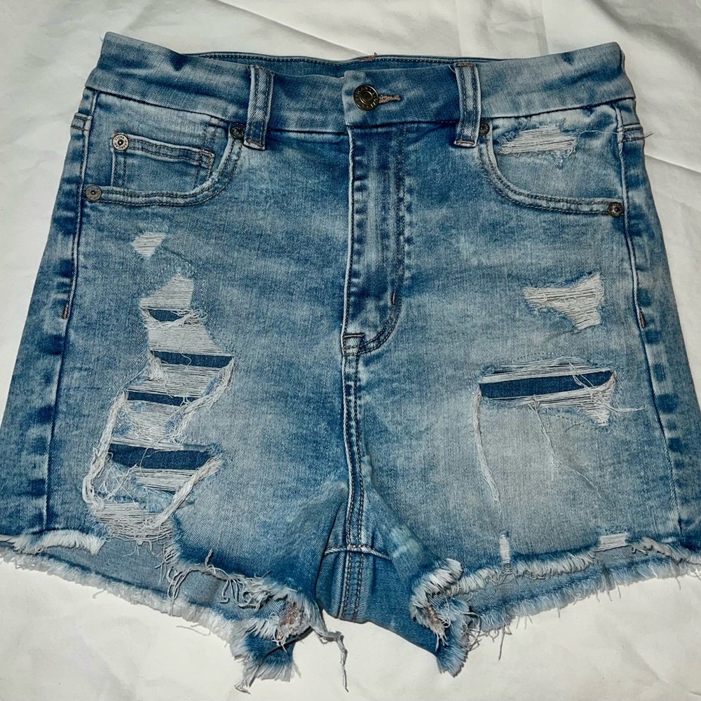 Blue Distressed Jean Shorts with Raw Hem